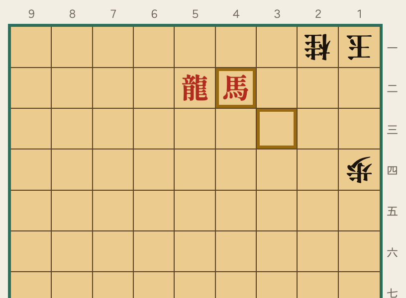 ヒントで、4二の馬と3三のマスが枠で示されている